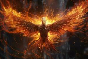 Phoenix bird with outstretched wings rising burning in flames. Epic phoenix bird fire rebirth power concept by AI Generated photo