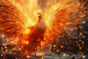 Phoenix bird with outstretched wings rising burning in flames. Epic phoenix bird fire rebirth power concept by AI Generated photo