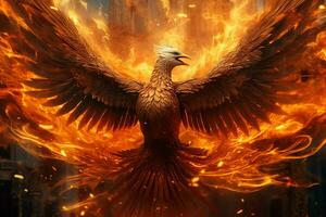 Phoenix bird with outstretched wings rising burning in flames. Epic phoenix bird fire rebirth power concept by AI Generated photo