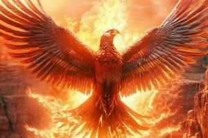 Phoenix bird with outstretched wings rising burning in flames. Epic phoenix bird fire rebirth power concept by AI Generated photo