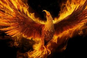 Phoenix bird with outstretched wings rising burning in flames. Epic phoenix bird fire rebirth power concept by AI Generated photo