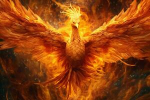 Phoenix bird with outstretched wings rising burning in flames. Epic phoenix bird fire rebirth power concept by AI Generated photo