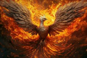 Phoenix bird with outstretched wings rising burning in flames. Epic phoenix bird fire rebirth power concept by AI Generated photo