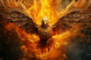 Phoenix bird with outstretched wings rising burning in flames. Epic phoenix bird fire rebirth power concept by AI Generated photo