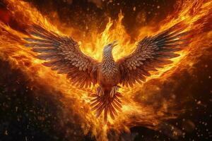 Phoenix bird with outstretched wings rising burning in flames. Epic phoenix bird fire rebirth power concept by AI Generated photo