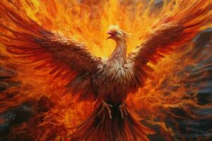 Phoenix bird with outstretched wings rising burning in flames. Epic phoenix bird fire rebirth power concept by AI Generated photo