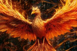 Phoenix bird with outstretched wings rising burning in flames. Epic phoenix bird fire rebirth power concept by AI Generated photo