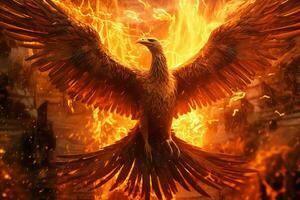 Phoenix bird with outstretched wings rising burning in flames. Epic phoenix bird fire rebirth power concept by AI Generated photo