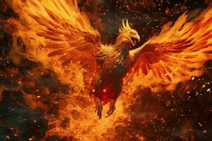 Phoenix bird with outstretched wings rising burning in flames. Epic phoenix bird fire rebirth power concept by AI Generated photo