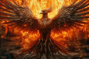 Phoenix bird with outstretched wings rising burning in flames. Epic phoenix bird fire rebirth power concept by AI Generated photo