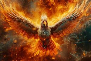 Phoenix bird with outstretched wings rising burning in flames. Epic phoenix bird fire rebirth power concept by AI Generated photo