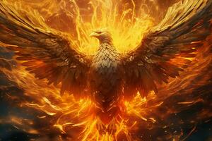 Phoenix bird with outstretched wings rising burning in flames. Epic phoenix bird fire rebirth power concept by AI Generated photo