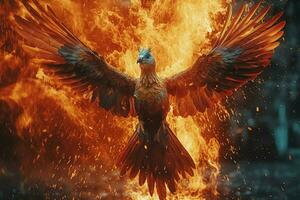 Phoenix bird with outstretched wings rising burning in flames. Epic phoenix bird fire rebirth power concept by AI Generated photo
