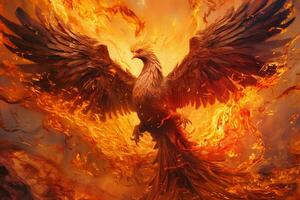 Phoenix bird with outstretched wings rising burning in flames. Epic phoenix bird fire rebirth power concept by AI Generated photo