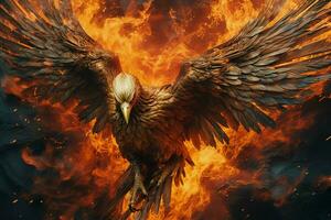 Phoenix bird with outstretched wings rising burning in flames. Epic phoenix bird fire rebirth power concept by AI Generated photo