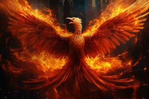 Phoenix bird with outstretched wings rising burning in flames. Epic phoenix bird fire rebirth power concept by AI Generated photo