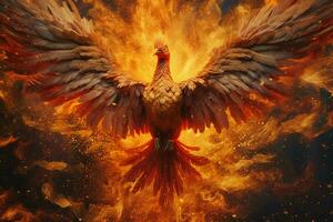 Phoenix bird with outstretched wings rising burning in flames. Epic phoenix bird fire rebirth power concept by AI Generated photo