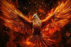 Phoenix bird with outstretched wings rising burning in flames. Epic phoenix bird fire rebirth power concept by AI Generated photo