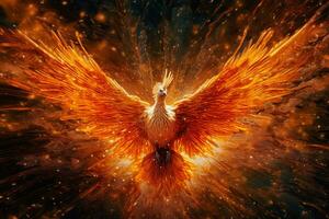 Phoenix bird with outstretched wings rising burning in flames. Epic phoenix bird fire rebirth power concept by AI Generated photo