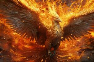 Phoenix bird with outstretched wings rising burning in flames. Epic phoenix bird fire rebirth power concept by AI Generated photo