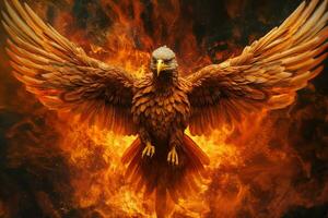 Phoenix bird with outstretched wings rising burning in flames. Epic phoenix bird fire rebirth power concept by AI Generated photo