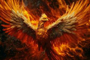 Phoenix bird with outstretched wings rising burning in flames. Epic phoenix bird fire rebirth power concept by AI Generated photo