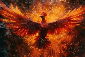 Phoenix bird with outstretched wings rising burning in flames. Epic phoenix bird fire rebirth power concept by AI Generated photo