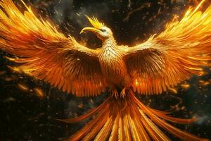 Phoenix bird with outstretched wings rising burning in flames. Epic phoenix bird fire rebirth power concept by AI Generated photo