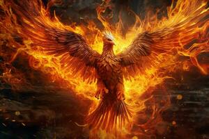 Phoenix bird with outstretched wings rising burning in flames. Epic phoenix bird fire rebirth power concept by AI Generated photo