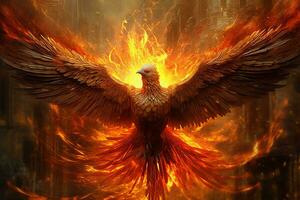 Phoenix bird with outstretched wings rising burning in flames. Epic phoenix bird fire rebirth power concept by AI Generated photo