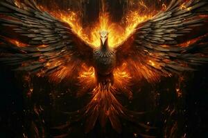 Phoenix bird with outstretched wings rising burning in flames. Epic phoenix bird fire rebirth power concept by AI Generated photo