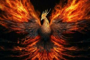 Phoenix bird with outstretched wings rising burning in flames. Epic phoenix bird fire rebirth power concept by AI Generated photo