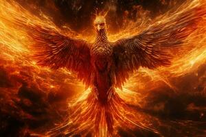 Phoenix bird with outstretched wings rising burning in flames. Epic phoenix bird fire rebirth power concept by AI Generated photo