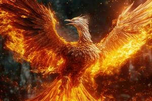 Phoenix bird with outstretched wings rising burning in flames. Epic phoenix bird fire rebirth power concept by AI Generated photo