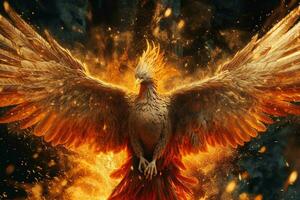 Phoenix bird with outstretched wings rising burning in flames. Epic phoenix bird fire rebirth power concept by AI Generated photo