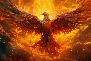 Phoenix bird with outstretched wings rising burning in flames. Epic phoenix bird fire rebirth power concept by AI Generated photo