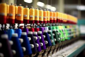 textil paño fábrica industria con bordado máquina, tejido de punto o hilado. de coser hilo empresa concepto por ai generado foto