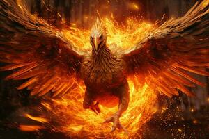 Phoenix bird with outstretched wings rising burning in flames. Epic phoenix bird fire rebirth power concept by AI Generated photo