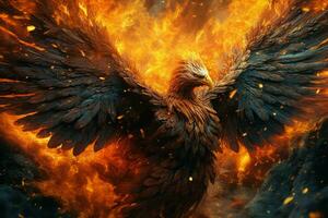 Phoenix bird with outstretched wings rising burning in flames. Epic phoenix bird fire rebirth power concept by AI Generated photo