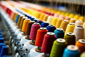textil paño fábrica industria con bordado máquina, tejido de punto o hilado. de coser hilo empresa concepto por ai generado foto