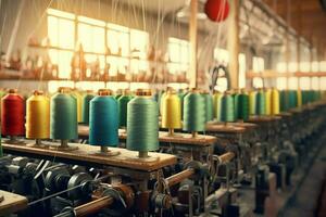 Textile cloth factory industry with embroidery machine, knitting or spinning. Sewing thread company concept by AI Generated photo