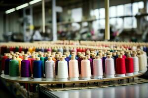 Textile cloth factory industry with embroidery machine, knitting or spinning. Sewing thread company concept by AI Generated photo