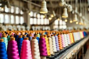 Textile cloth factory industry with embroidery machine, knitting or spinning. Sewing thread company concept by AI Generated photo