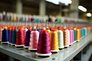 Textile cloth factory industry with embroidery machine, knitting or spinning. Sewing thread company concept by AI Generated photo