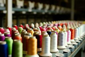 Textile cloth factory industry with embroidery machine, knitting or spinning. Sewing thread company concept by AI Generated photo