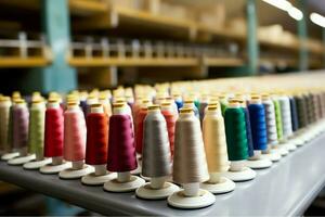 Textile cloth factory industry with embroidery machine, knitting or spinning. Sewing thread company concept by AI Generated photo