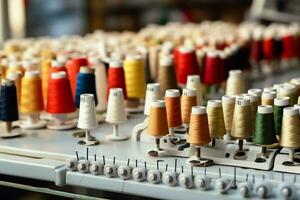 Textile cloth factory industry with embroidery machine, knitting or spinning. Sewing thread company concept by AI Generated photo