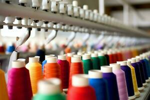 Textile cloth factory industry with embroidery machine, knitting or spinning. Sewing thread company concept by AI Generated photo