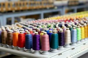 Textile cloth factory industry with embroidery machine, knitting or spinning. Sewing thread company concept by AI Generated photo