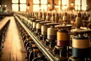 Textile cloth factory industry with embroidery machine, knitting or spinning. Sewing thread company concept by AI Generated photo